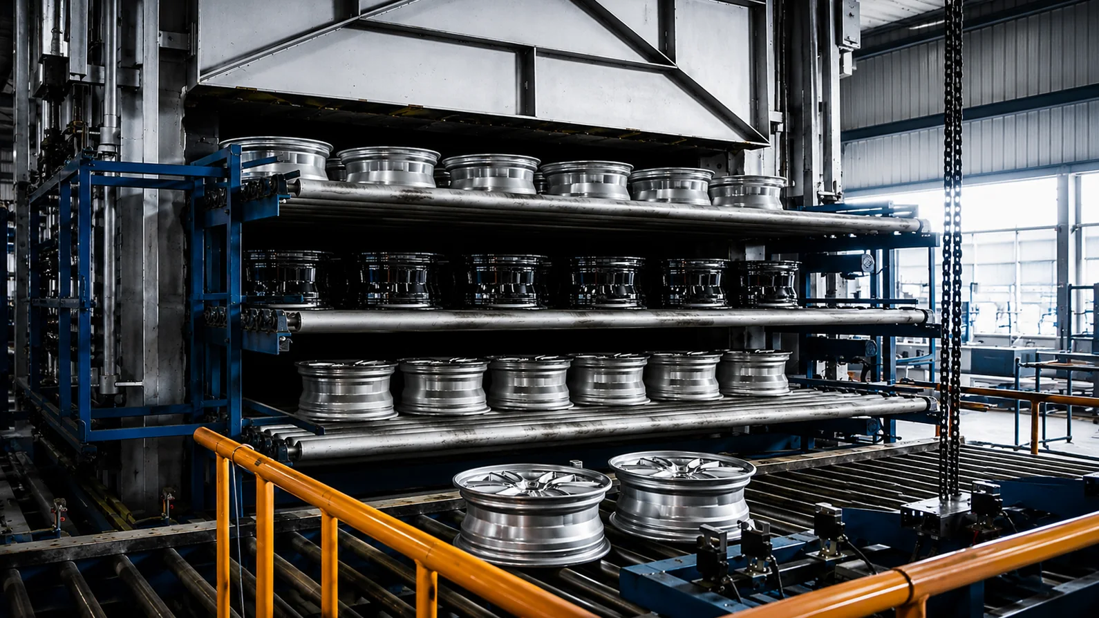 Wheel rims arranged on production racks