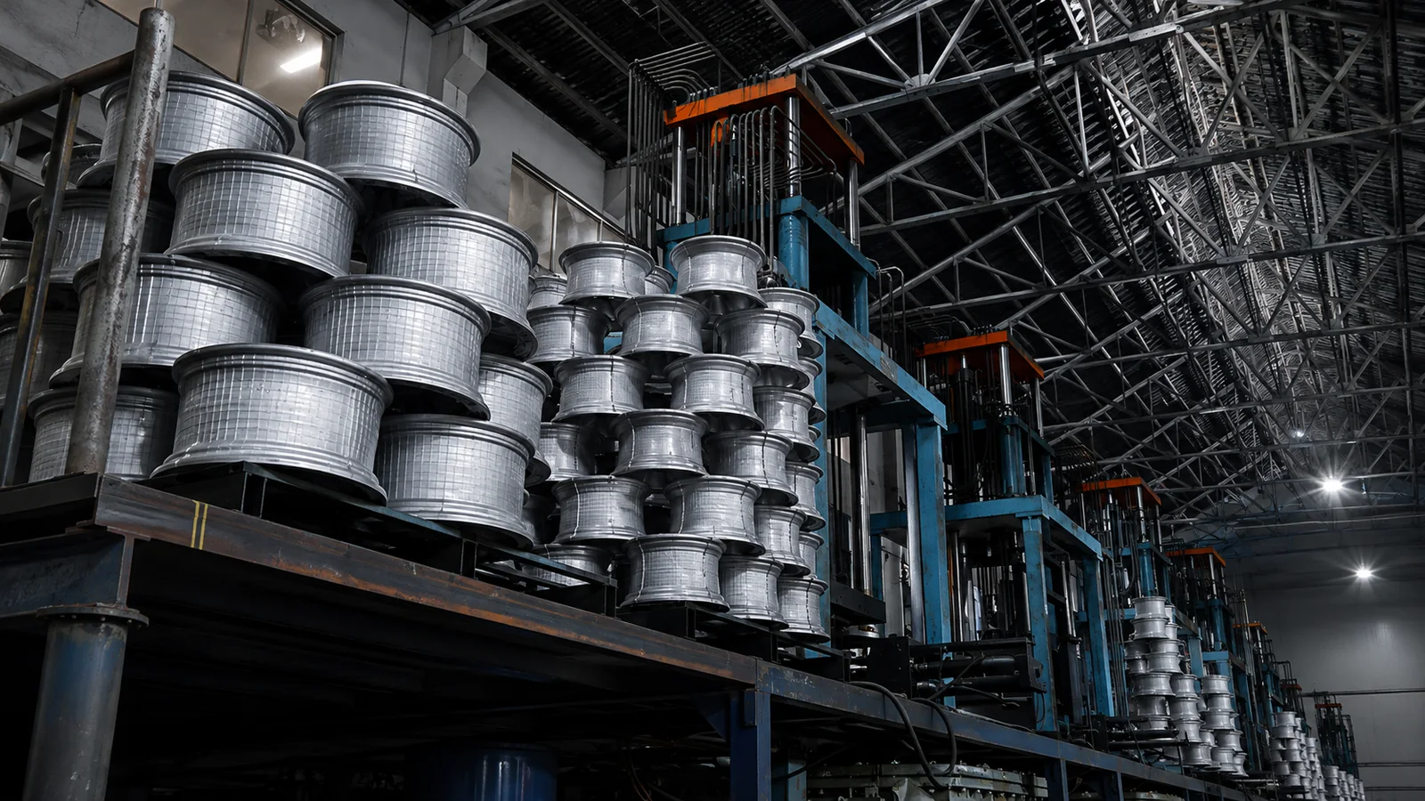 Wheel blanks stored in the manufacturing facility