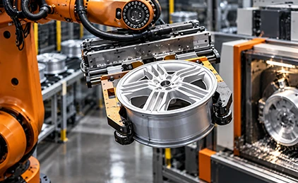 Industrial robot handling a wheel