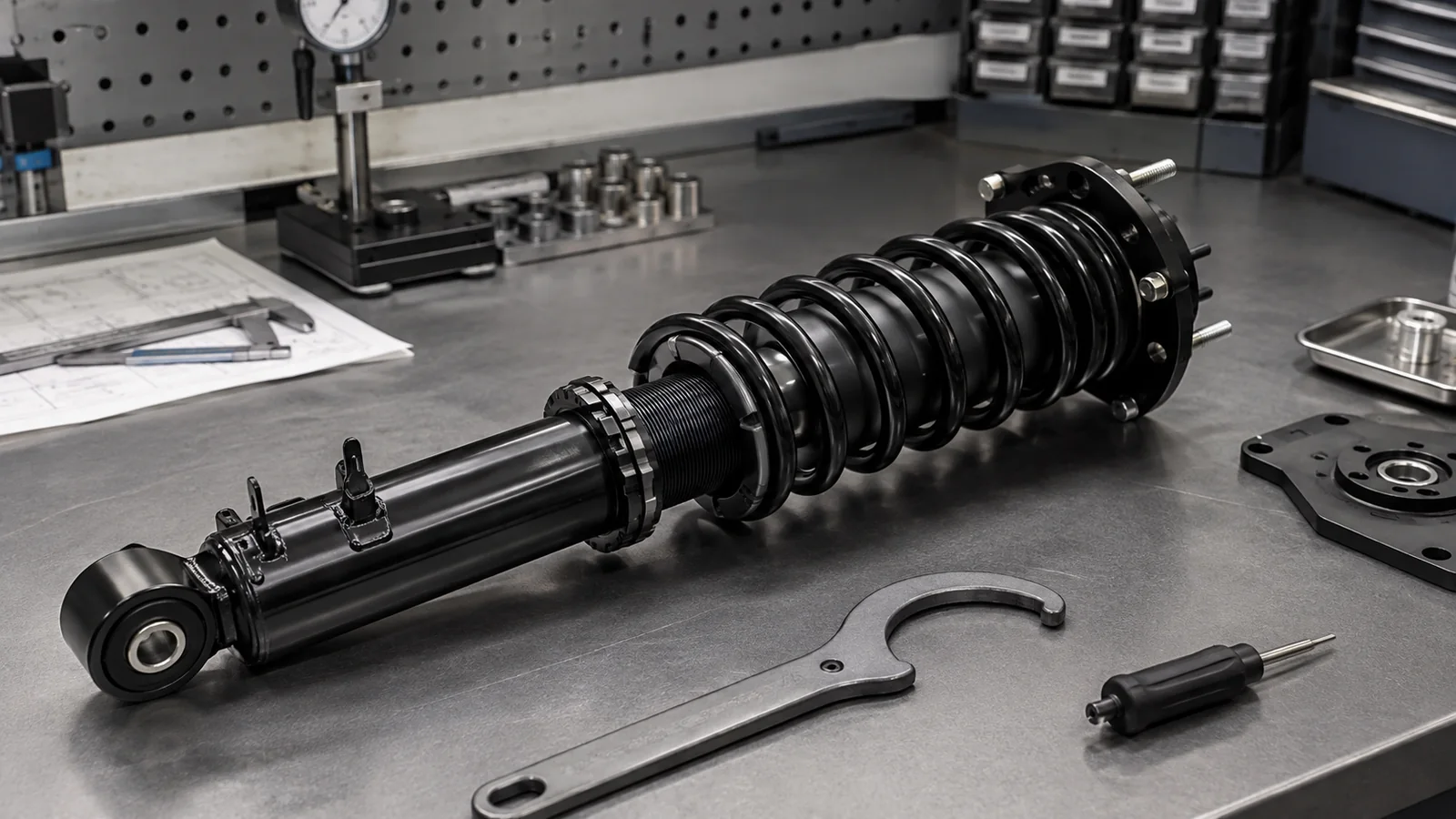 Coilover architecture: spring, threaded ride-height collar, lock ring and damper assembly.