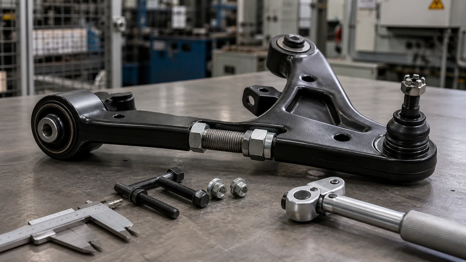 Adjustable arm mechanism: thread engagement, locking nuts and joint interfaces.
