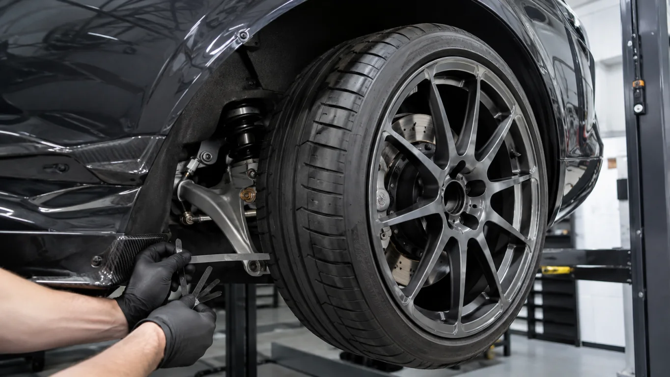 Vehicle fitment review checks tyre, suspension and wheel-arch clearance at the installed position.