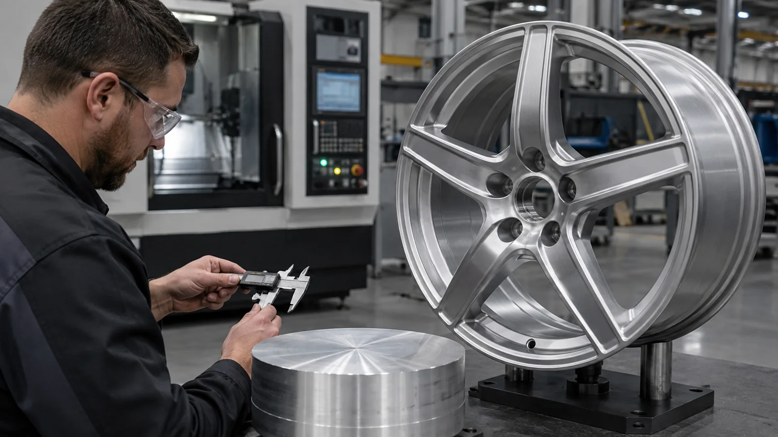 Lightweight wheel development balances efficient material use with dimensional inspection.